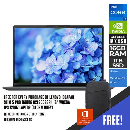 LENOVO IDEAPAD SLIM 5 PRO 16IHU6 82L9009SPH 120HZ LAPTOP (STORM GREY) | 16” FHD | i7-11390H | 16GB DDR4 | 1TB SSD | MX450 | WIN11 + MS OFFICE HOME & STUDENT 2021 + CASUAL BACKPACK B210 - DataBlitz