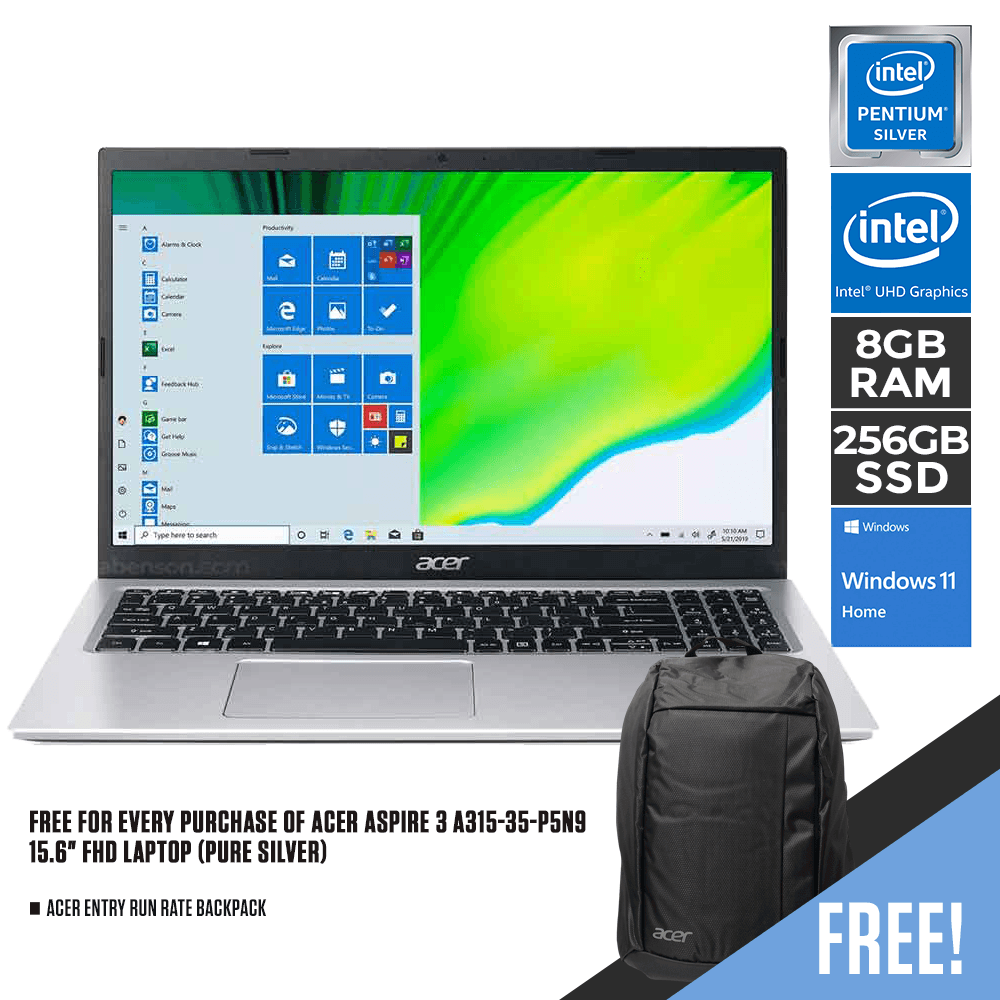 ACER ASPIRE 3 A315-35-P5N9 LAPTOP (PURE SILVER) | 15.6" FHD | PENTIUM SILVER N6000 | 8GB DDR4 | 256GB SSD | INTEL UHD GRAPHICS | WIN11 + ACER ENTRY RUN RATE BACKPACK E-1620-P (LZBPKM6B12) - DataBlitz