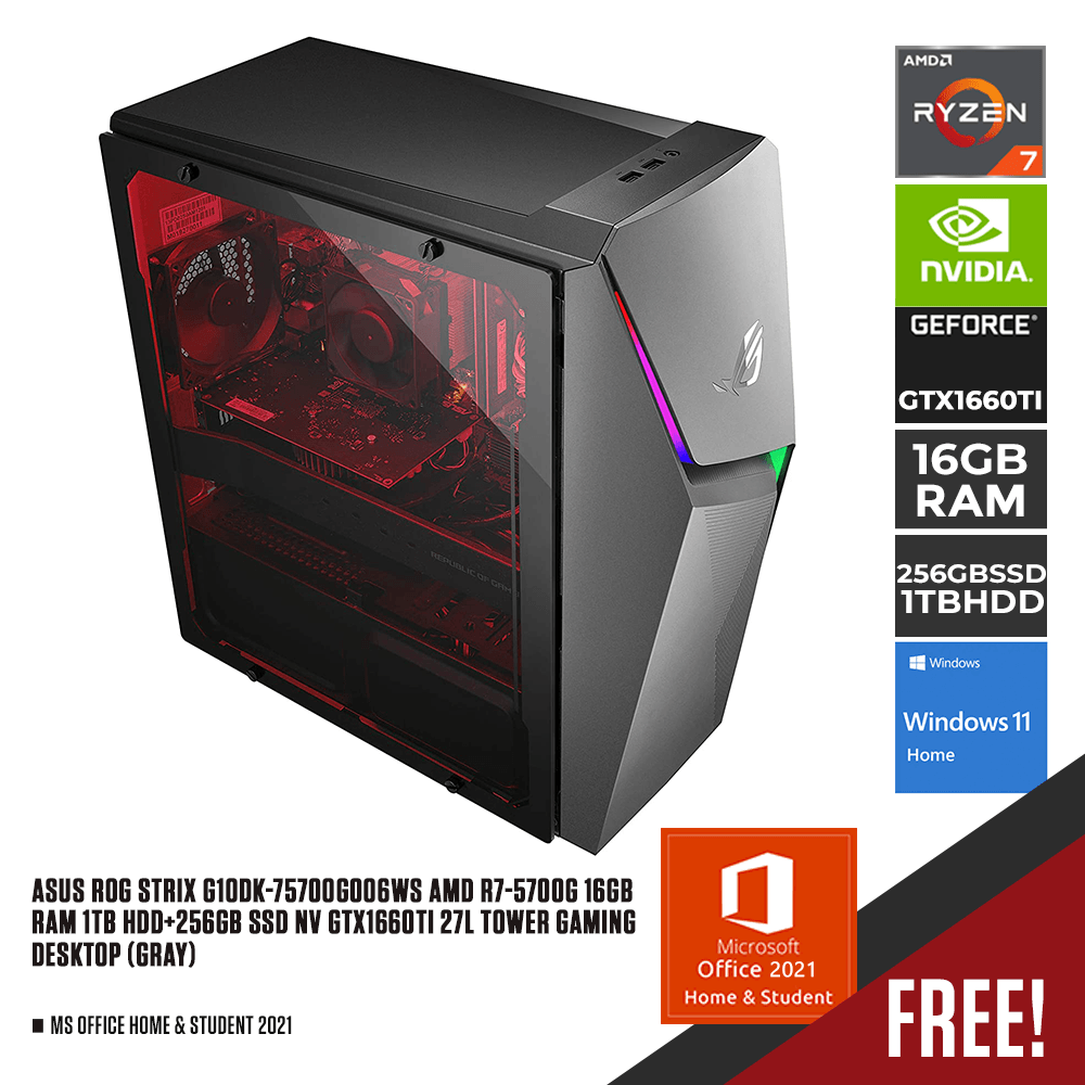 ASUS ROG STRIX G10DK-75700G006WS AMD R7-5700G 16GB RAM 1TB HDD + 256GB SSD NV GTX1660TI 27L TOWER GAMING DESKTOP (GRAY) + MS OFFICE HOME & STUDENT 2021 - DataBlitz