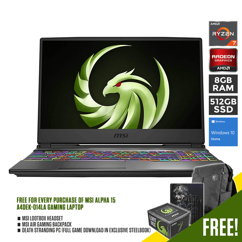 MSI ALPHA 15 A4DEK-014LA 15.6" GAMING LAPTOP + DEATH STRANDING (PC-DIGITAL) + FREE AIR GAMING BACKPACK + LOOTBOX HEADSET - DataBlitz