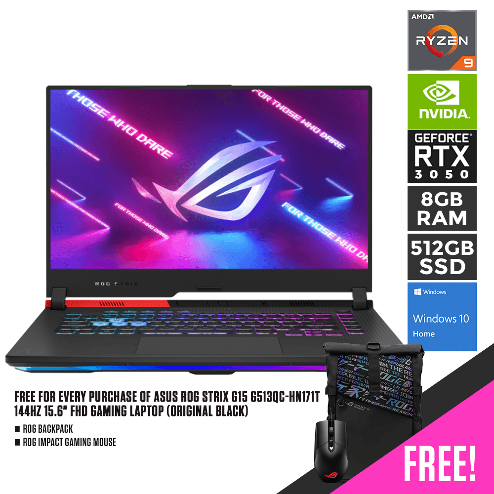 ASUS ROG STRIX G15 G513QC-HN171T 144HZ Gaming Laptop (Original Black) | 15.6" FHD | RYZEN 9 5900HX | 8GB DDR4 | 512GB SSD | RTX 3050 | WIN10 | ROG Backpack | ROG Impact Gaming Mouse - DataBlitz