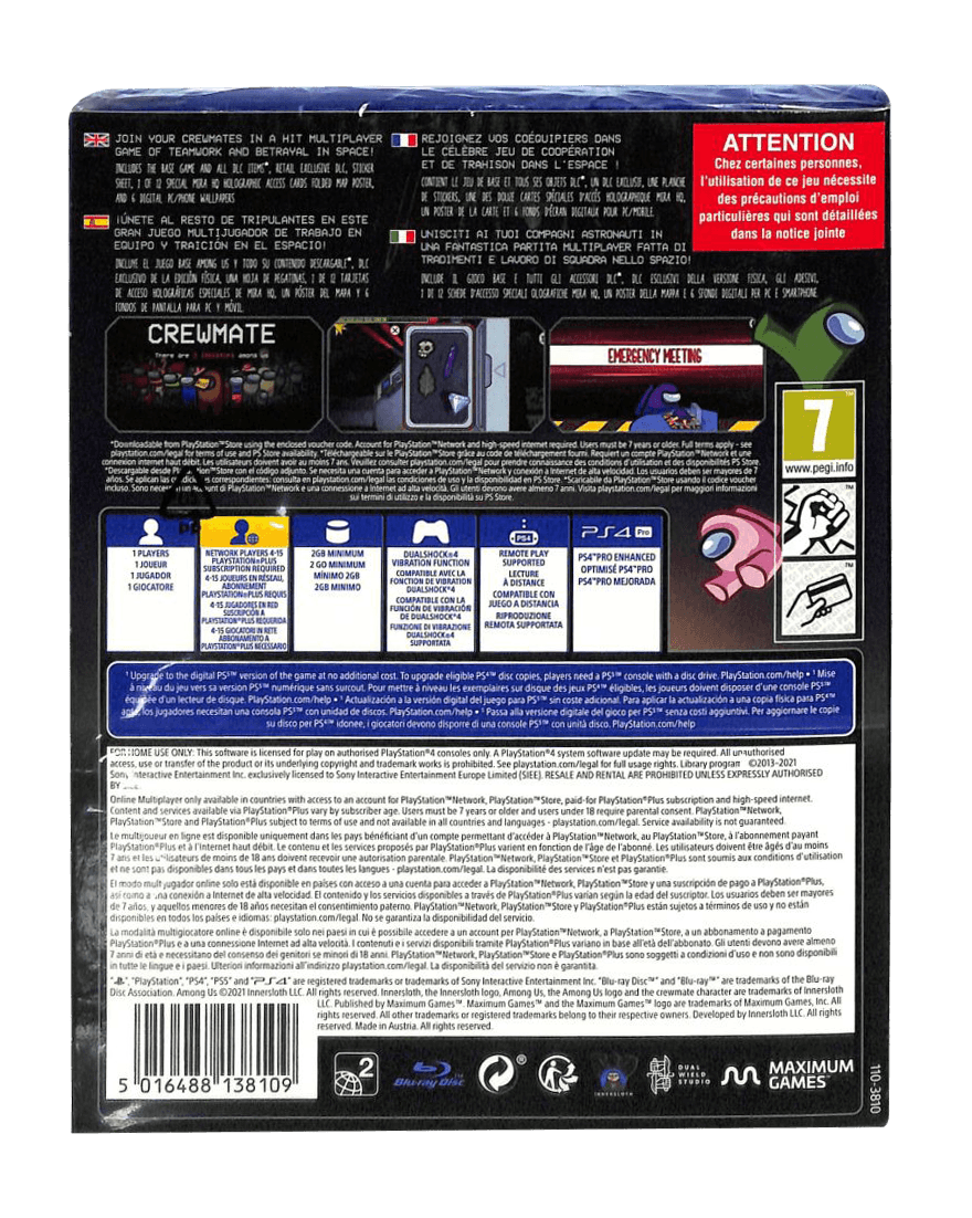 Does it play? on X: Among Us Crewmate Edition PS4 Does it play offline- No  Does it require a download - No Version 2021.11.9 included on disc. Game is  multiplayer only and